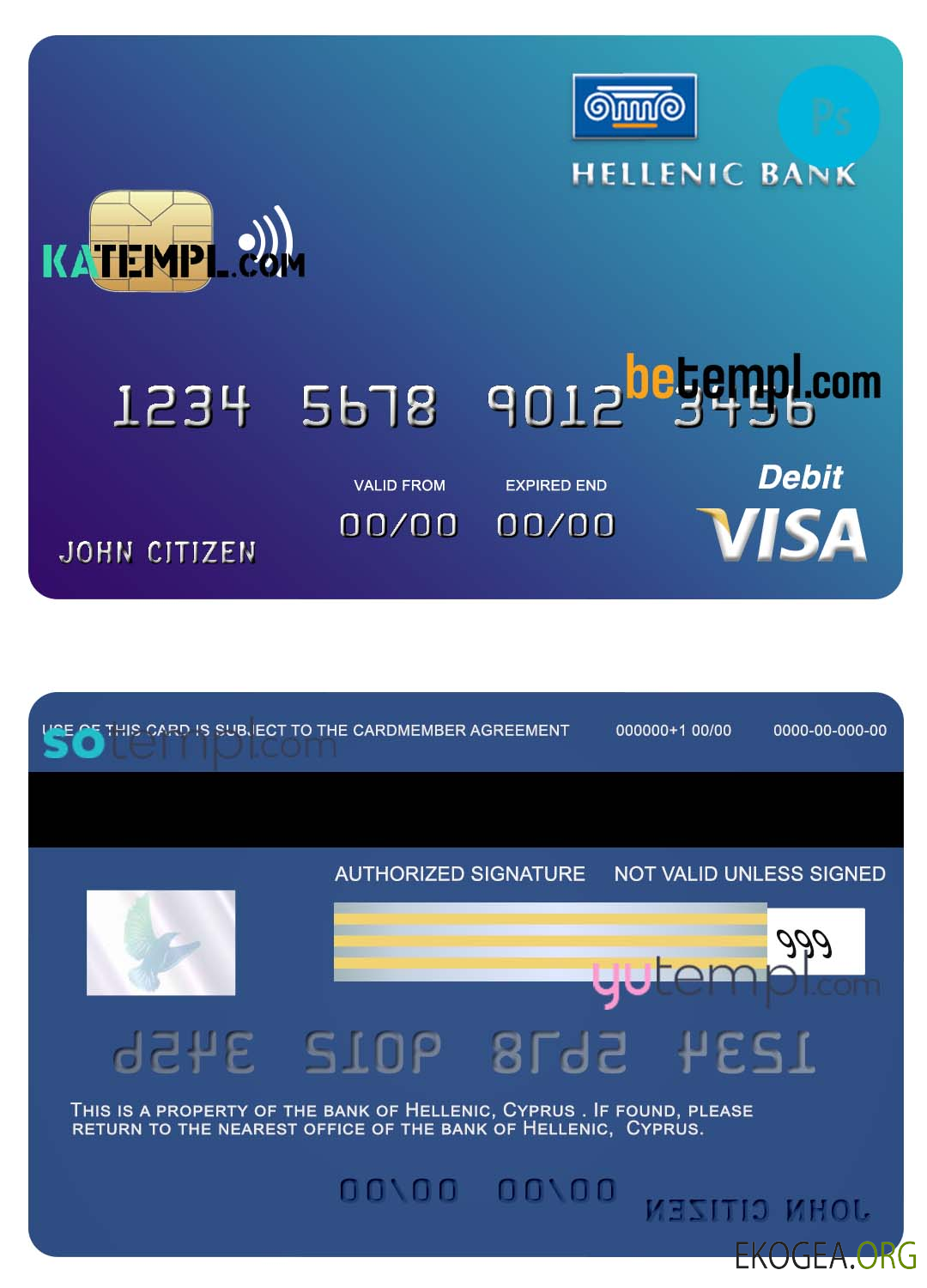 Modèle de carte de crédit visa bancaire hellénique de Chypre au format PSD, entièrement modifiable